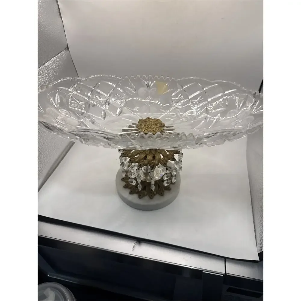 Vintage Hollywood Regency Crystal Brass Marble 7.5”Candy Dish With Crystals *